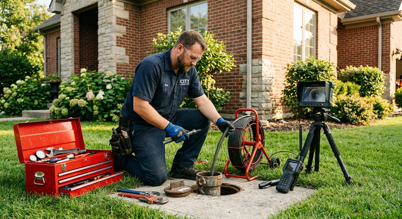 Sewer specialist with camera equipment servicing a cleanout in Rumford