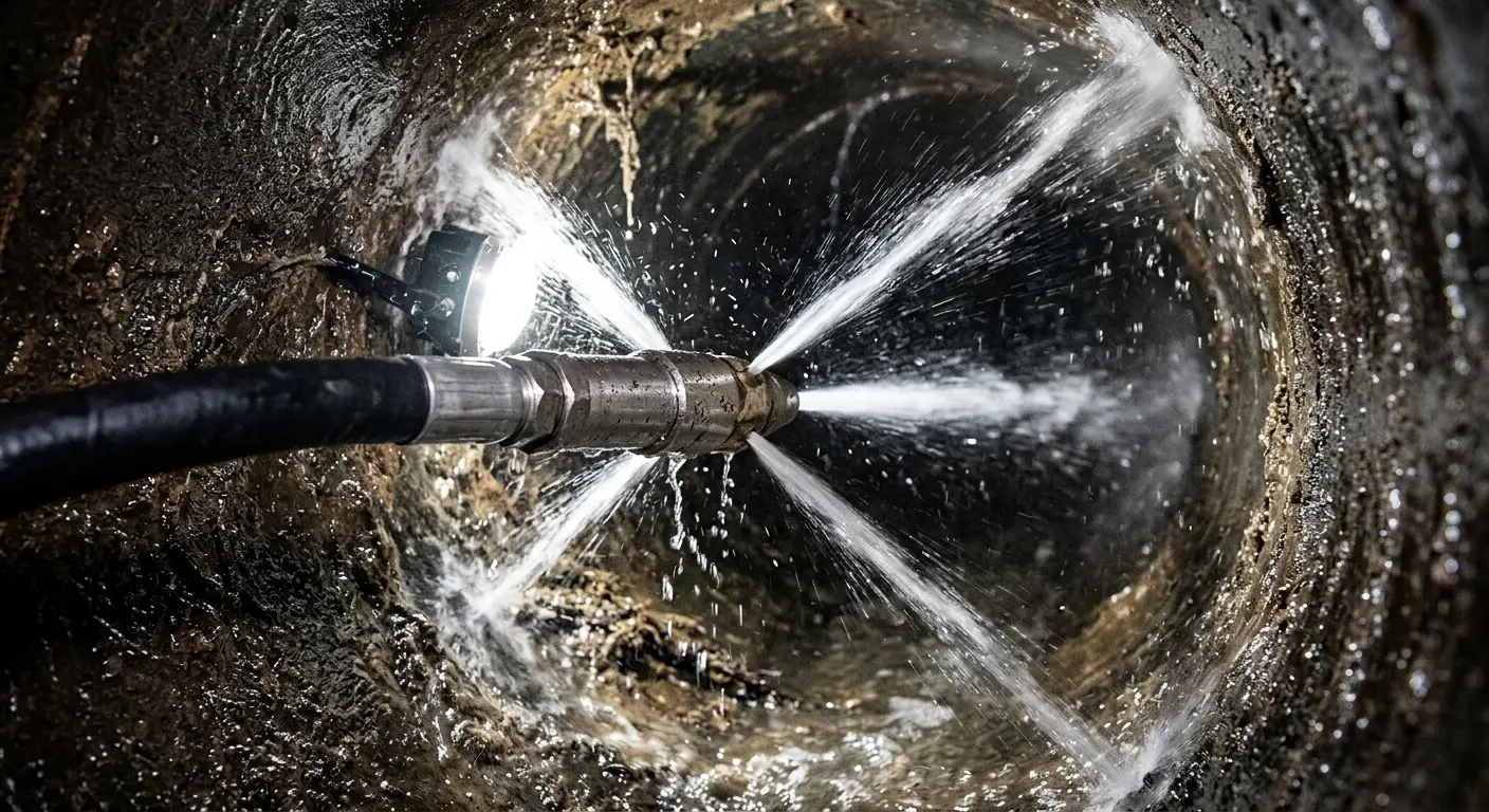 High-pressure hydro jetting nozzle cleaning sewer pipe for Emergency Drain Service in Rumford