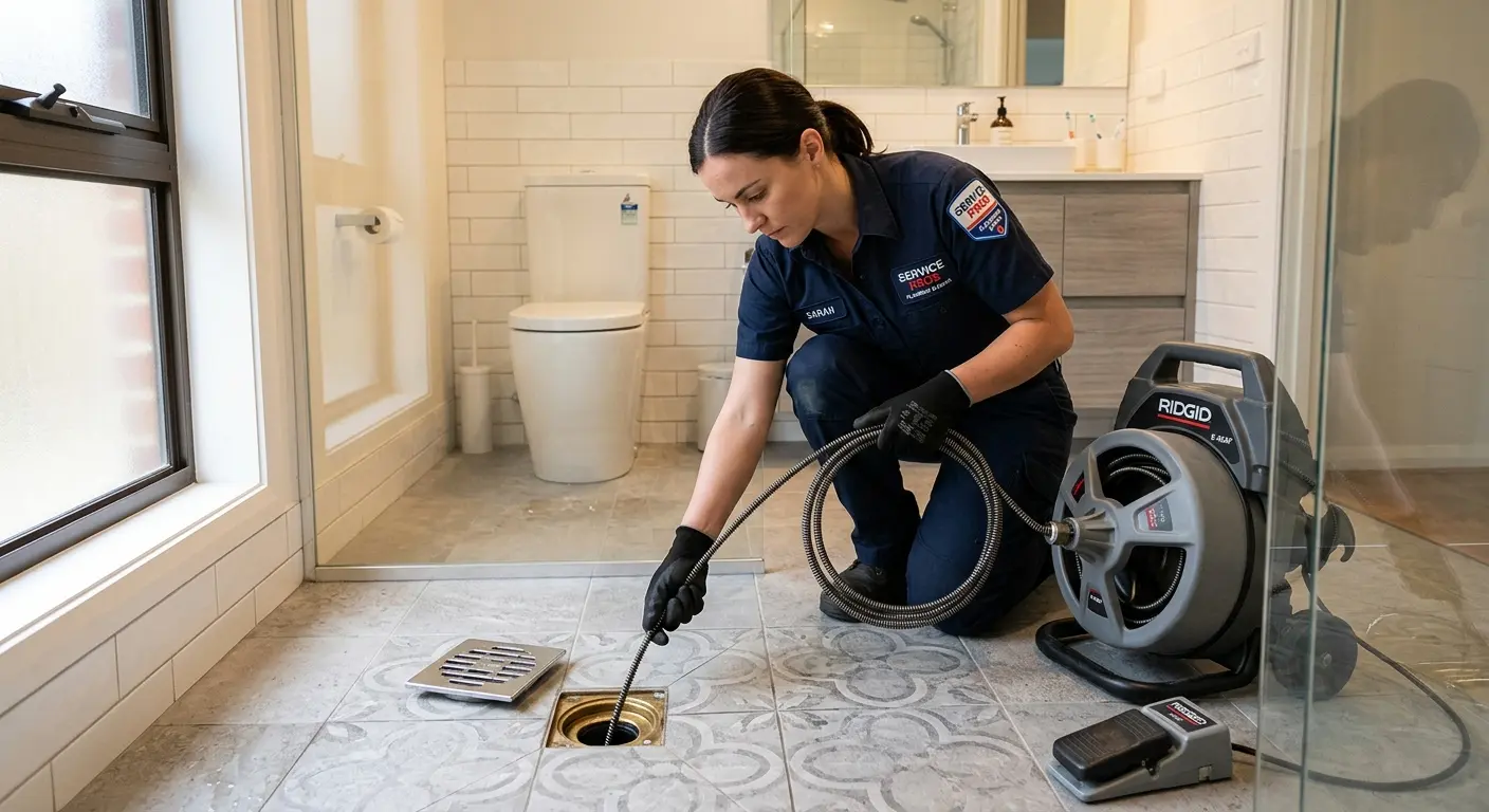 Technician clearing a bathroom floor drain for Clogged Drain Repair in Rumford